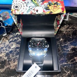Black and Silver Watch with Graphic Box